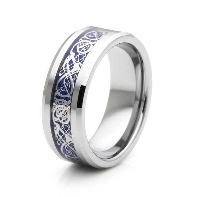 Silver Celtic Dragon Tungsten Ring Blue Carbon Fiber Inlay Men | Etsy