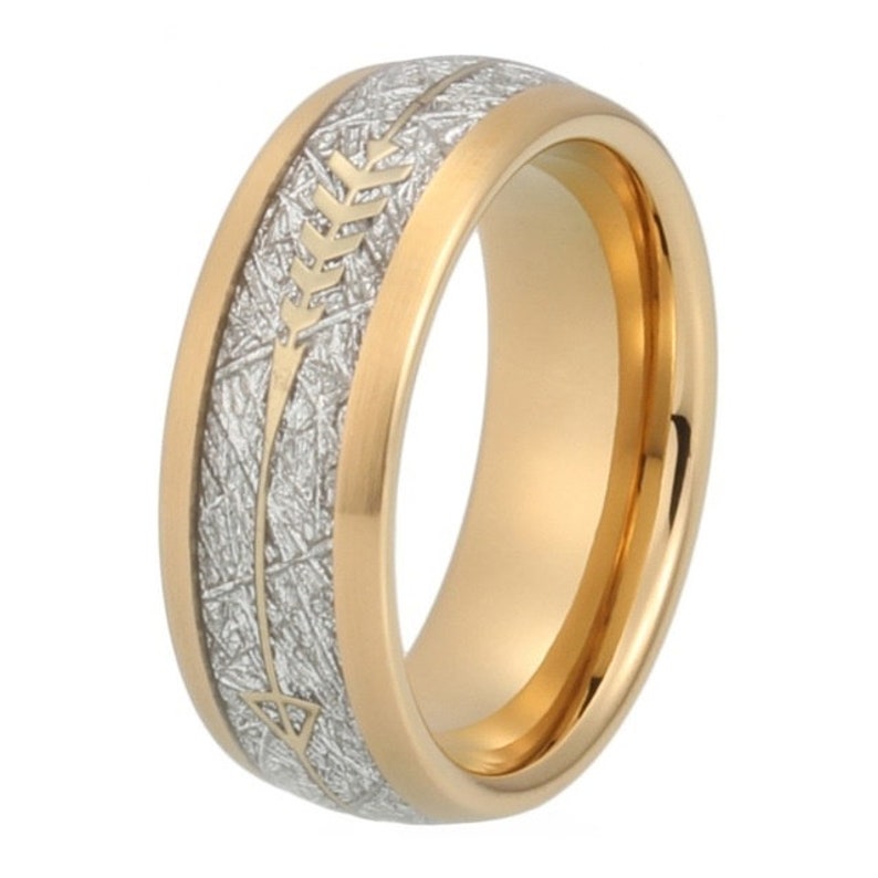 Yellow Gold Tungsten Ring With White Meteorite Inlay Men Women - Etsy