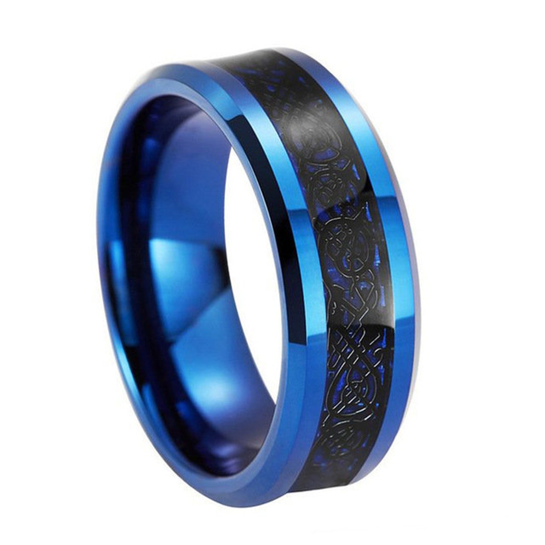 Blue Celtic Dragon Ring With Black Carbon Fiber Inlay Men Women Couple ...