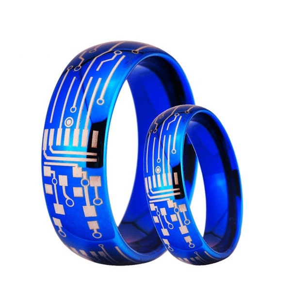 Blue Circuit Board Tungsten Ring Men Women Couple Promise Engagement Wedding Anniversary Gift Band Ring Jewelry