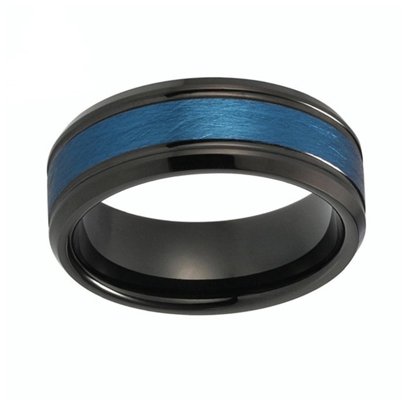 Blue Center Grooved Black Tungsten Ring Men Women Couple Promise Engagement Wedding Anniversary Gift Band Ring Jewelry