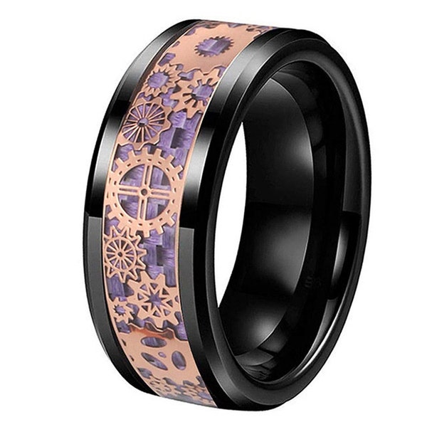 Black Mens Tungsten Rose Gold Gear Purple Carbon Fiber Wedding Band Ring