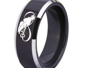 Mens Black Tungsten Forever Love Believe Infinity and Feather Design Wedding Band Ring