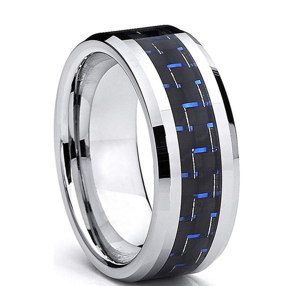 Mens Silver Tungsten Blue Black Carbon Fiber Inlay Wedding Band