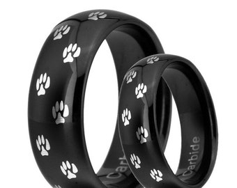 Black Tungsten Dog Paw Print Design Wedding Band Ring for Men and Women