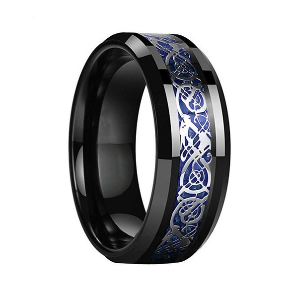 Schwarze keltische Drachen Ring mit blauen Kohlefaser Inlay Männer Frauen paar Versprechen Verlobung Hochzeit Jahrestag Geschenk Band Ring Schmuck