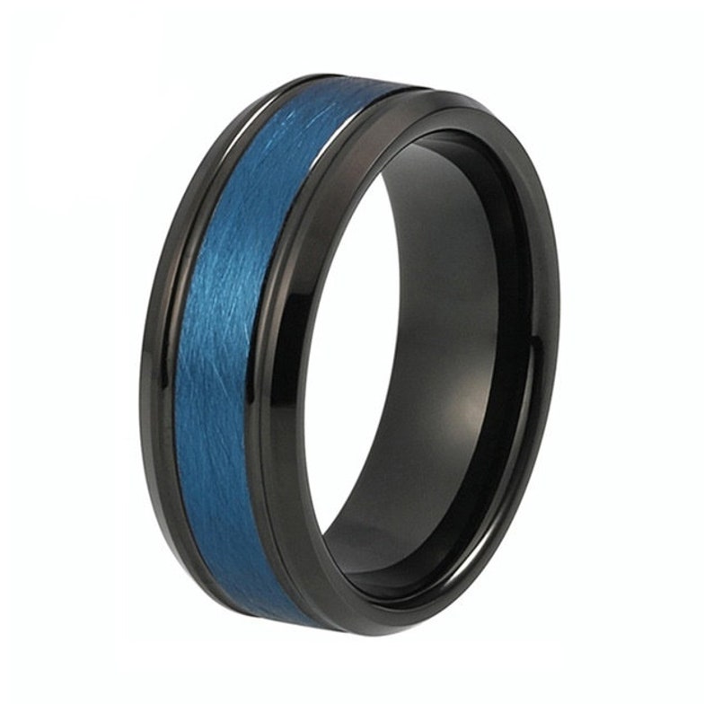 Blue Center Grooved Black Tungsten Ring Men Women Couple Promise Engagement Wedding Anniversary Gift Band Ring Jewelry