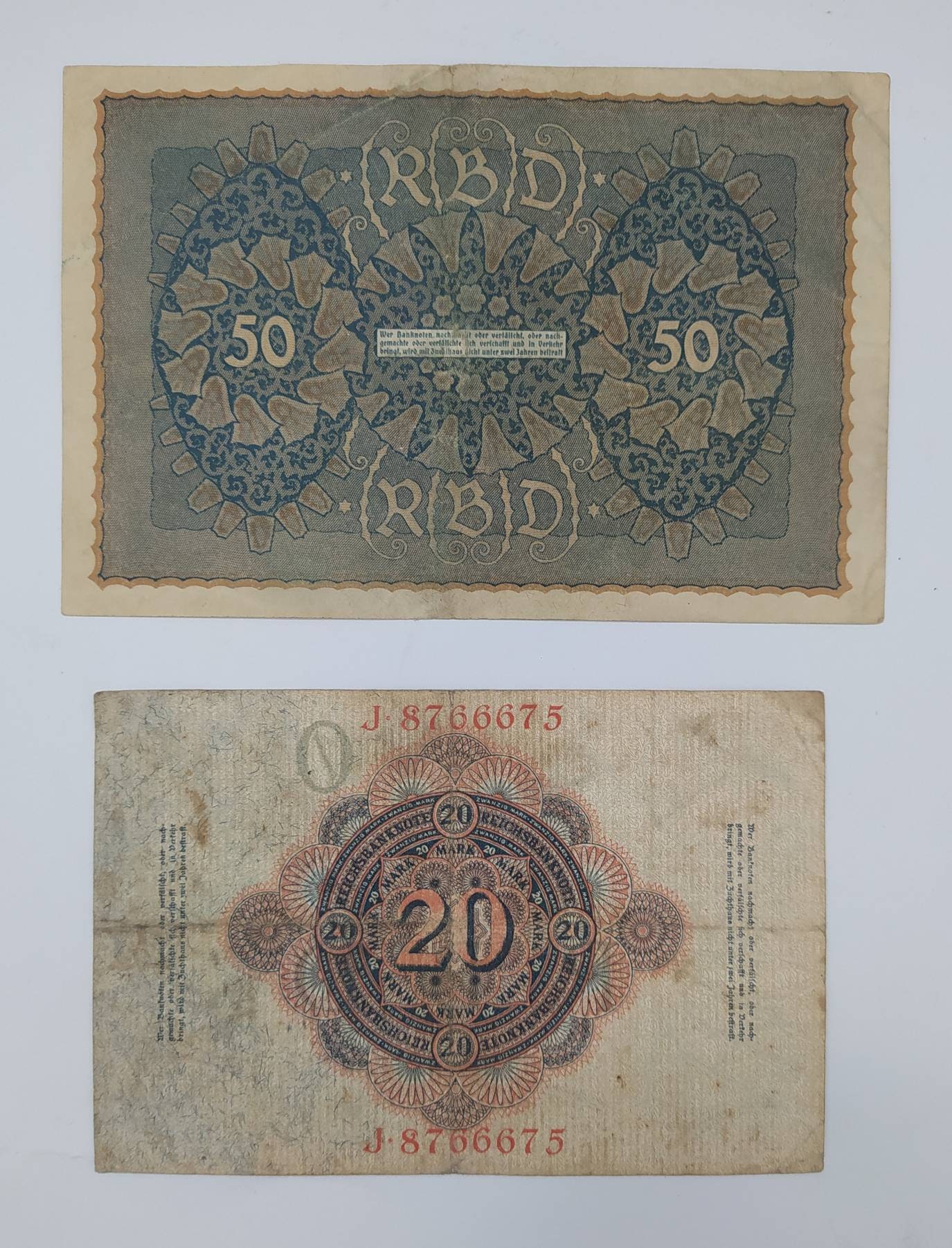 ドイツ帝国紙幣 1914年 20マルク 1919年 50マルク コレクターズ ドイツ帝国紙幣 1914年 20マルク 1919年 50マルク コレクターズ