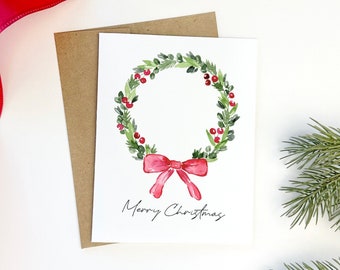 Merry Christmas card, holiday wreath, holiday card set, boxed Christmas cards, watercolor Christmas card, single card or box of 8