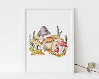 Watercolor Mushroom Art Print, Woodland Whimsical Decor