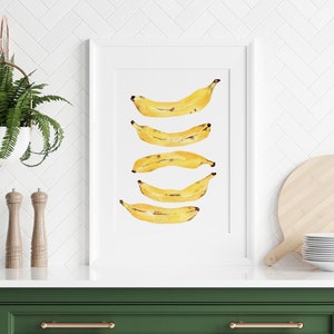 Banana watercolor art print, fruit painting, kitchen decor, food art