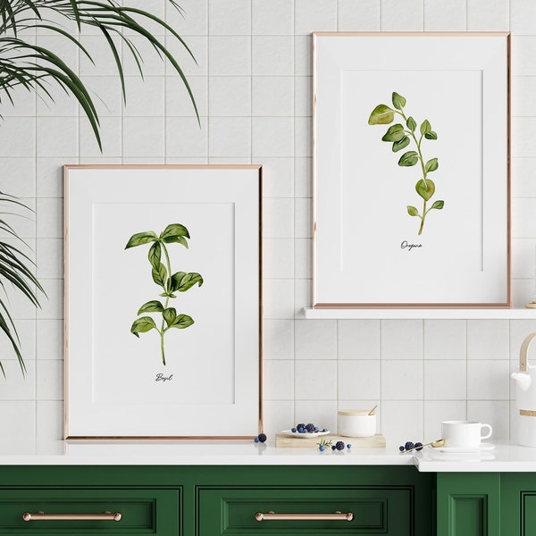 Herbs print set of 2, watercolor painting, kitchen wall art, basil, oregano