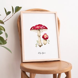 Mushroom art print, Fly Agaric mushroom watercolor painting, mushroom decor, fungi