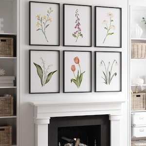 Spring floral art print set, floral wall art, botanical art set, watercolor flowers, floral prints, gallery wall art, set of 6