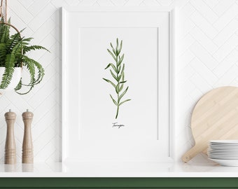 Tarragon herb art print, watercolor botanical painting, kitchen wall art, herb print