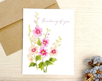 Thinking of you card, watercolor hollyhock greeting card, friendship card