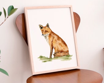 Red fox watercolor painting, fox art print, woodland animal decor