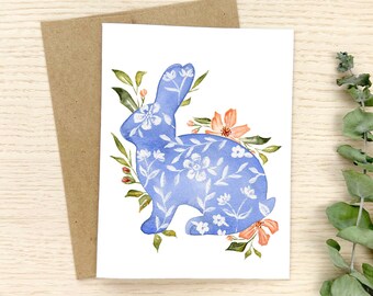 Blue floral Easter bunny card, happy easter card, stationary set, blank cards, box of 8 greeting card set