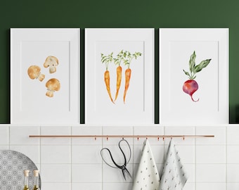 Watercolor Vegetable Print Set, Kitchen Wall Art, Beet, Carrot, Mushroom