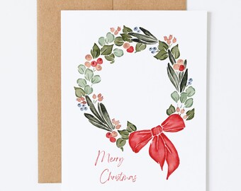 Holiday wreath illustrated Christmas card, Merry Christmas stationary