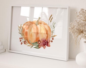 Watercolor Pumpkin Art Print, Autumn Floral Fall Wall Decor