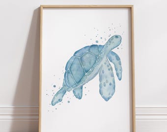 Blue Turtle Watercolor Art Print, Coastal Wall Decor