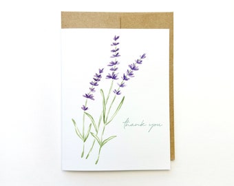 Thank you card set, watercolor lavender thank you notes, box of 8