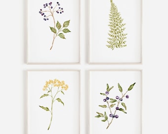 Botanical Watercolor Prints, Pacific Northwest Plants, Set of 4