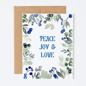Peace, Joy & Love holiday card, Christmas cards, holiday card set, boxed cards, handmade cards, watercolor cards, single card or box of 8