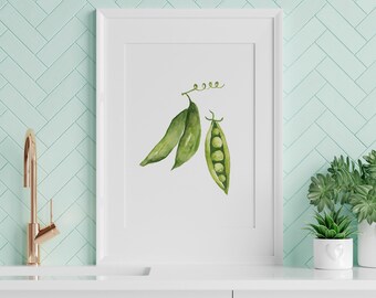 Impresión de arte de acuarela de guisantes verdes, cartel de cocina, impresión de arte alimentario