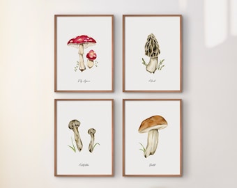 Mushrooms art print set of 4, wild mushroom watercolor painting, mushroom decor, fungi