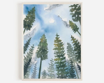 Watercolor Pine Tree Forest Art Print, Landscape Painting