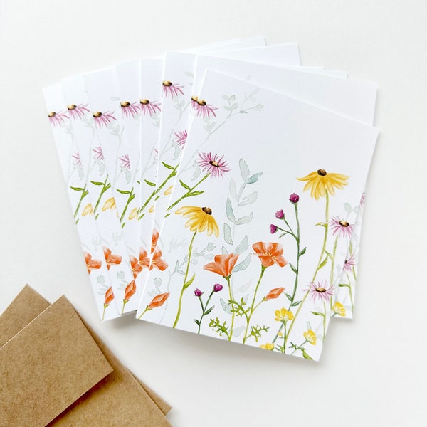 Notecard set, wildflower card set, floral stationary, watercolor greeting cards, poppies and black-eyed susan, box of 8