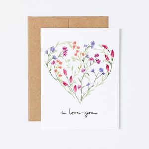 I love you card, wildflower greeting card, valentine's day card, watercolor card, single card or box of 8