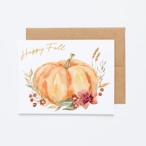 Happy fall greeting card, illustrated watercolor pumpkin notecard, folded blank holiday cards