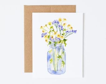 Wildflower Notecard Set, Watercolor Mason Jar Floral, Linen Stationery