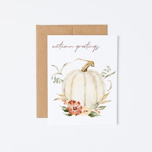 Autumn greetings notecards, illustrated watercolor pumpkin and fall floral card, folded blank holiday cards