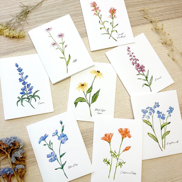 Notecard set, wildflower card set, floral stationary, watercolor greeting cards, set of 8 wildflower card set, box of 8