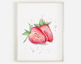 Strawberry illustration, kitchen wall art, fruit and berries painting