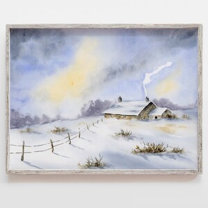 Snowy cabin watercolor landscape, winter art print, cabin decor, holiday painting
