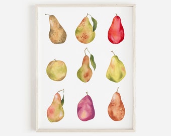 Pear varieties wall art, pear print, kitchen decor, colorful kitchen art