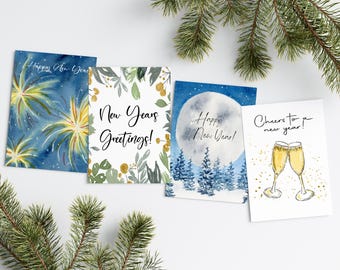 Watercolor New Year Cards, Festive Holiday Stationery, Box of 8
