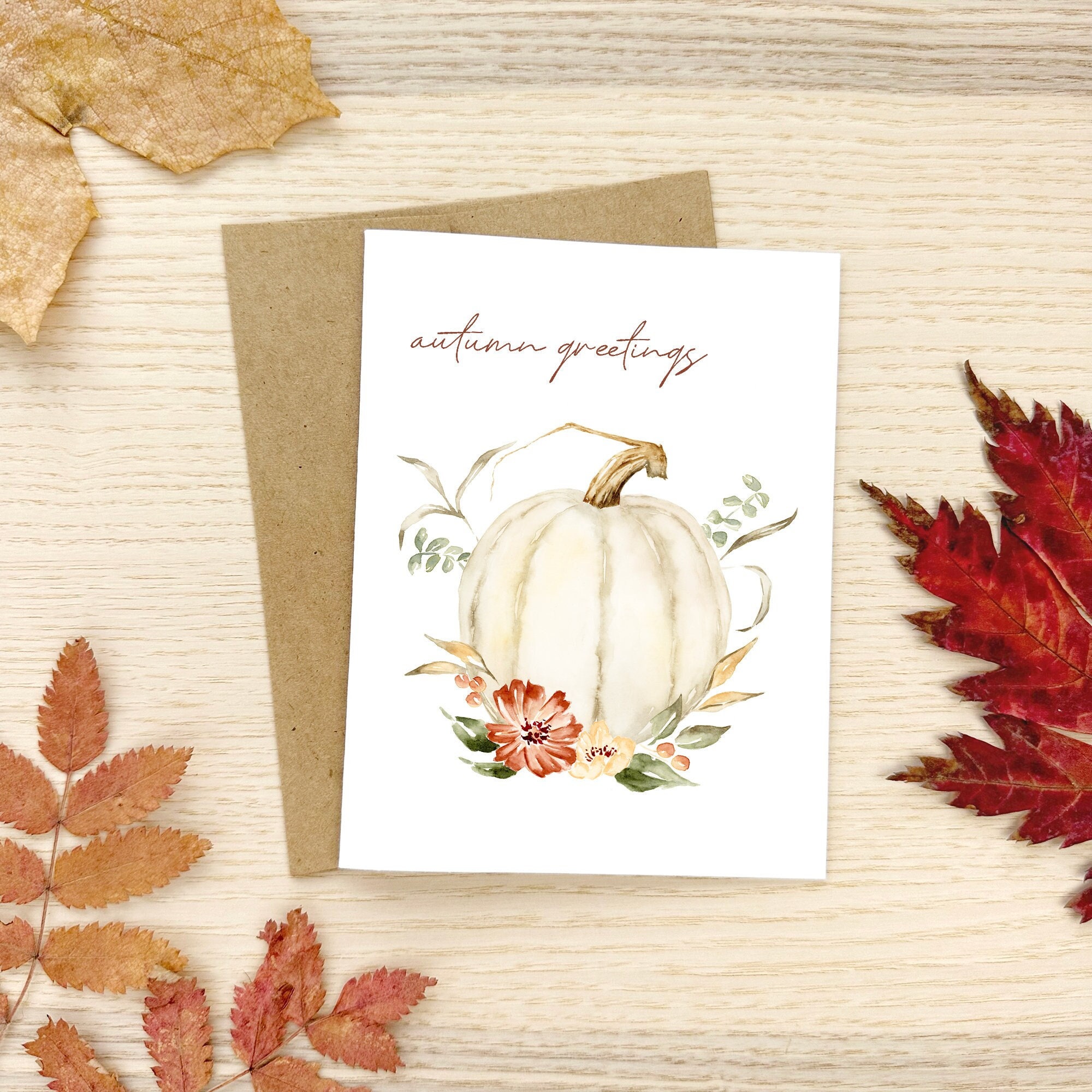 Autumn Greetings Notecards, Illustrated Watercolor Pumpkin and Fall ...