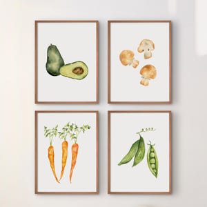 Watercolor vegetable print set of 4, kitchen wall art, beet mushroom avocados carrots peas, kitchen decor vegetable prints, gallery wall set