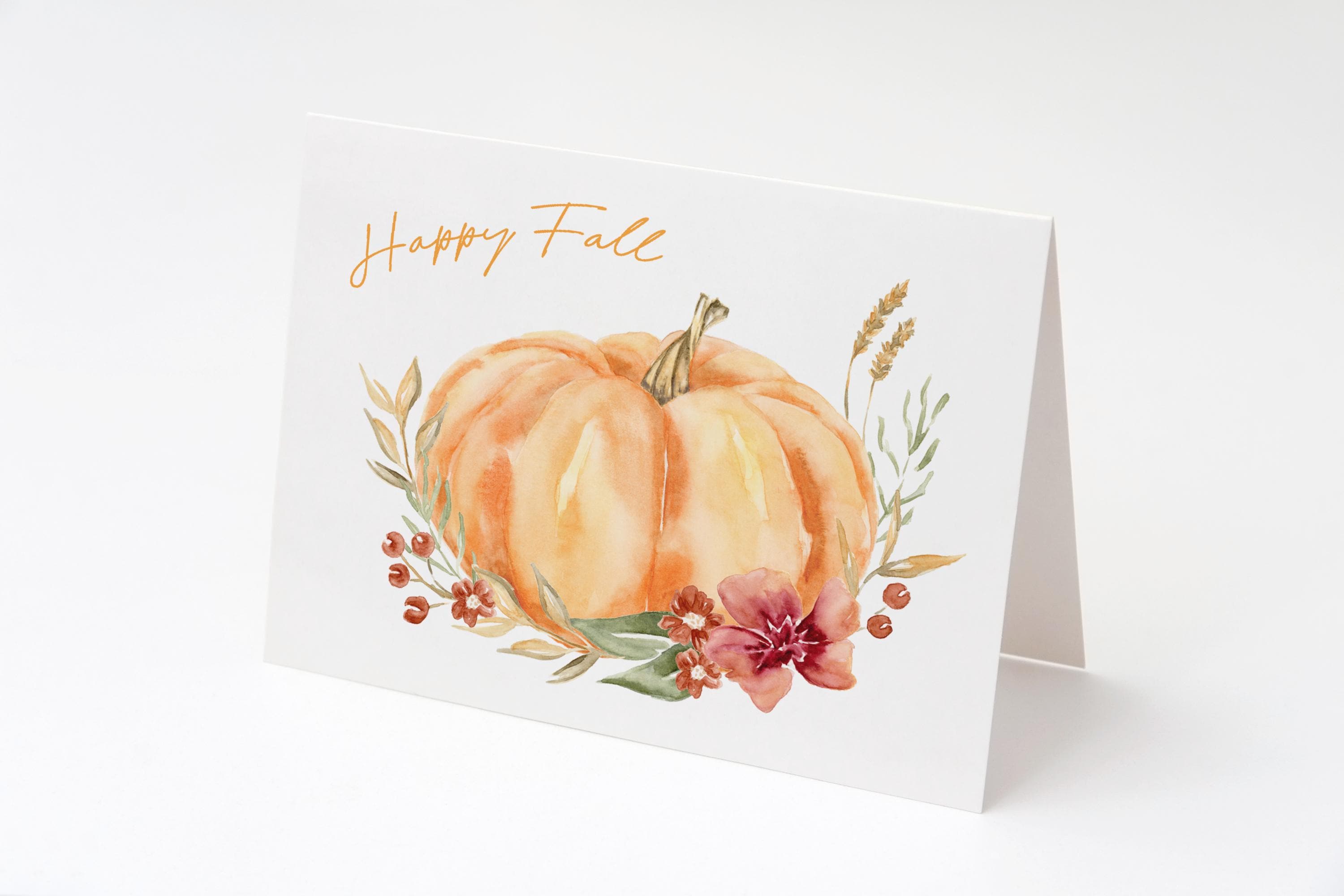Happy Fall Greeting Card, Illustrated Watercolor Pumpkin Notecard ...