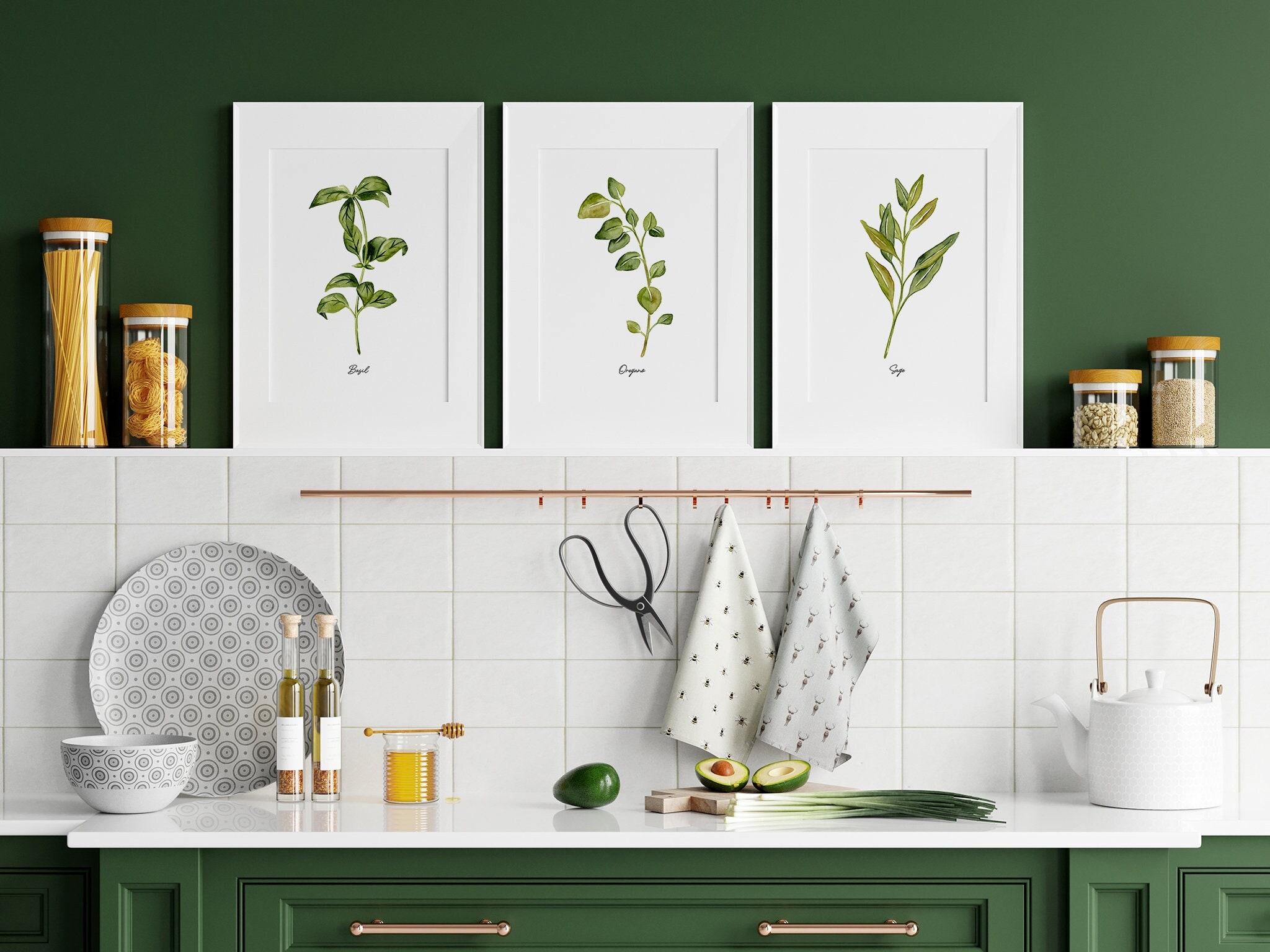 Herbs Print Set of 3, Watercolor Painting, Kitchen Wall Art, Basil ...