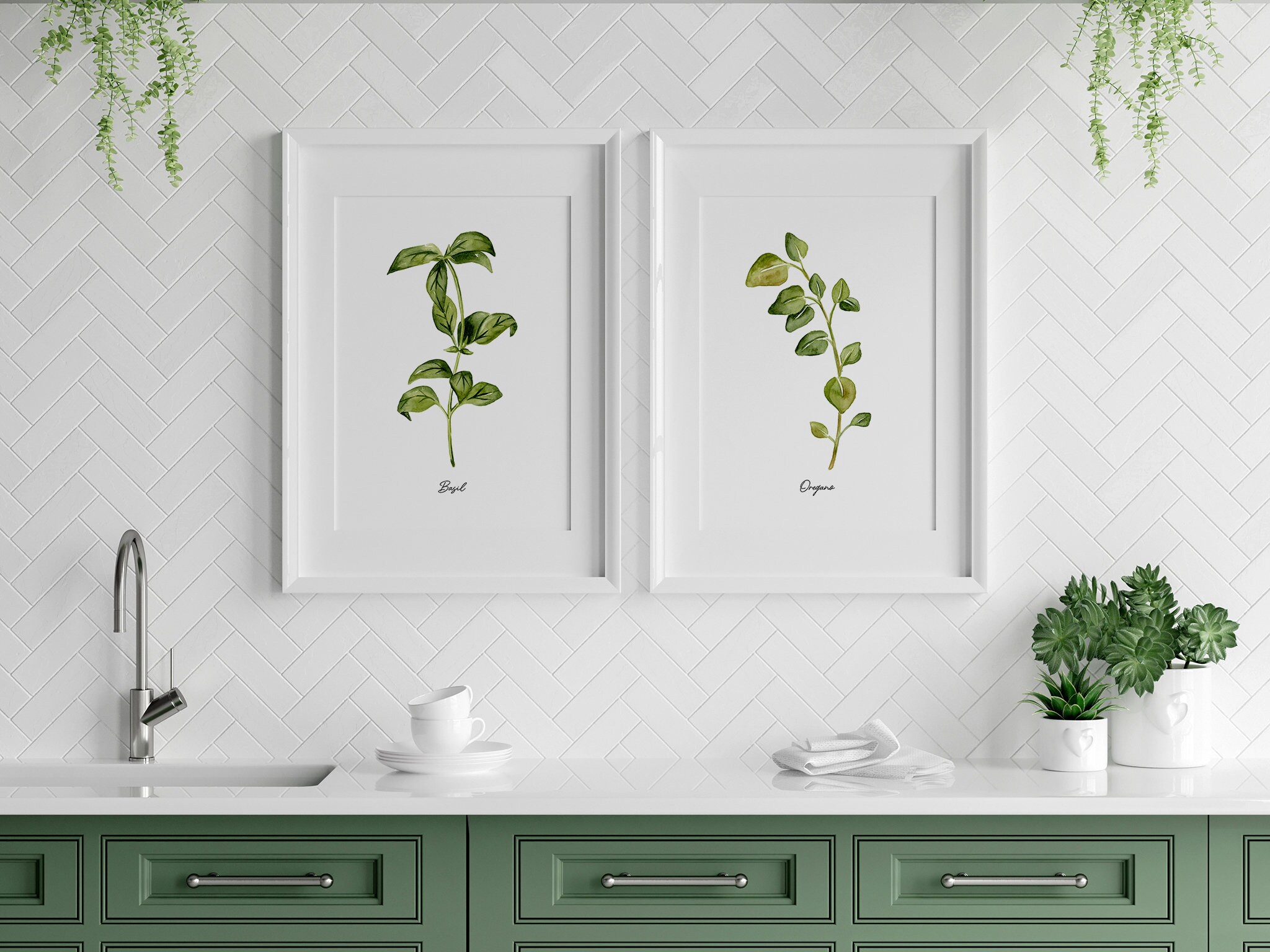 Herbs Print Set of 2, Watercolor Painting, Kitchen Wall Art, Basil ...