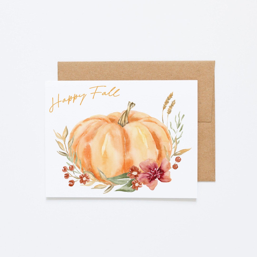 Happy Fall Greeting Card, Illustrated Watercolor Pumpkin Notecard ...