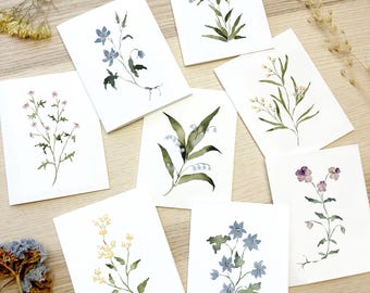 Tarjetas vintage de acuarela botánica, juego de papelería floral, tarjetas de notas con flores silvestres