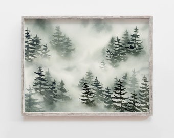 Watercolor Pine Tree Art Print, Misty Forest Painting